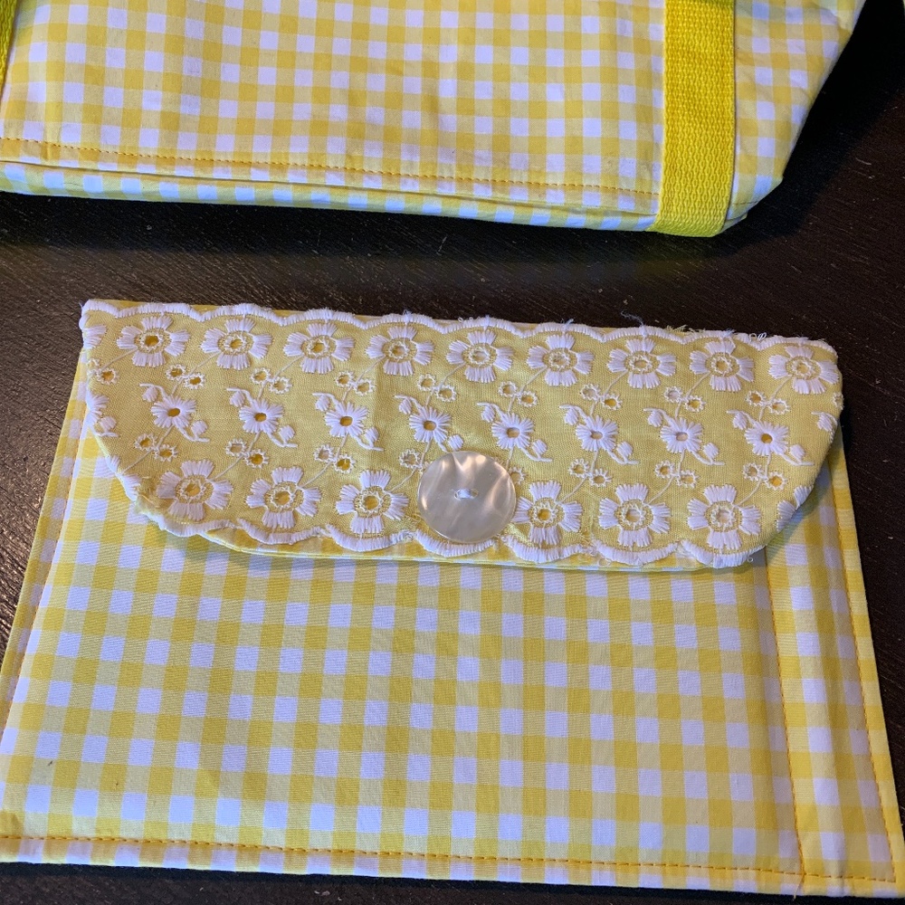 Yellow gingham and lace tote bag with small‎ case . I think it was made by hand